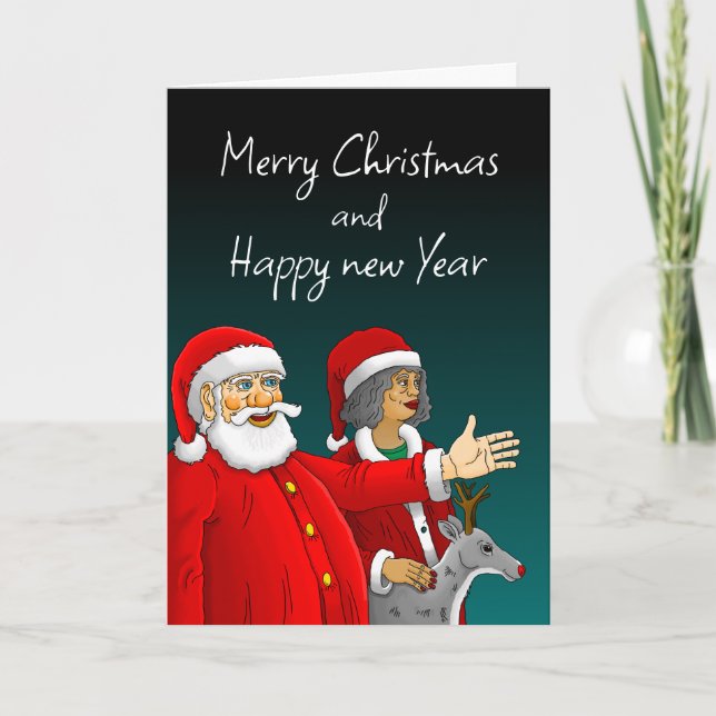 Santa Claus, Mrs. Claus and Rudolph the reindeer Holiday Card (Front)