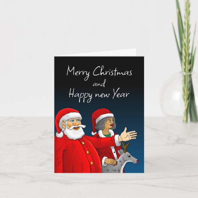 Santa Claus, Mrs. Claus and Rudolph the reindeer Holiday Card (Front)