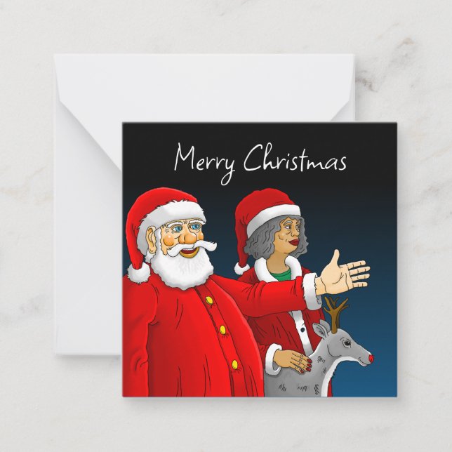 Santa Claus, Mrs. Claus and Rudolph the reindeer Note Card (Front)