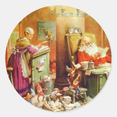 Santa Claus  Mrs Claus in the North Pole Mailroom Classic Round Sticker