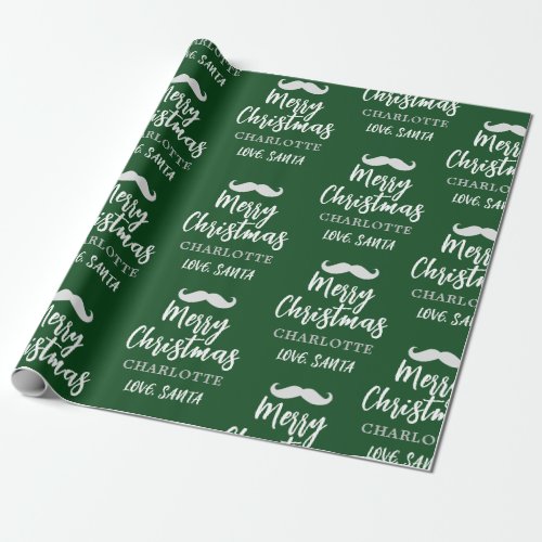 Santa Claus Mustache Personalized Green Christmas Wrapping Paper