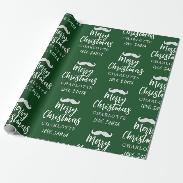 Santa Claus Mustache Personalized Green Christmas Wrapping Paper (Unrolled)