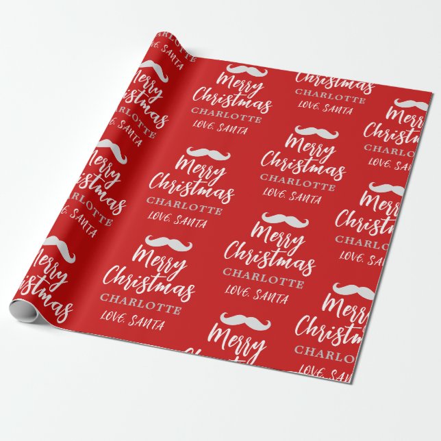 Santa Claus Mustache Personalized Red Christmas Wrapping Paper (Unrolled)