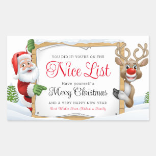 Santa Claus Nice List And A Red Nose Reindeer Xmas Rectangular Sticker