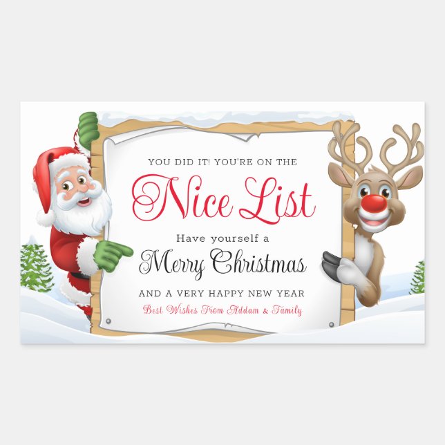 Santa Claus Nice List And A Red Nose Reindeer Xmas Rectangular Sticker (Front)