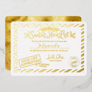 Santa Claus Nice List Certificate Custom Gold Foil Invitation
