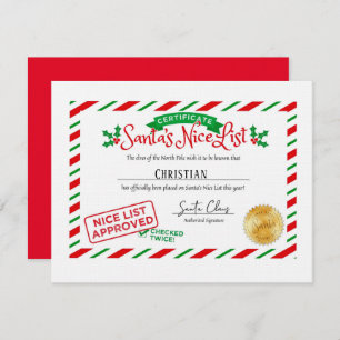 Santa Claus Nice List Certificate Custom Note Card