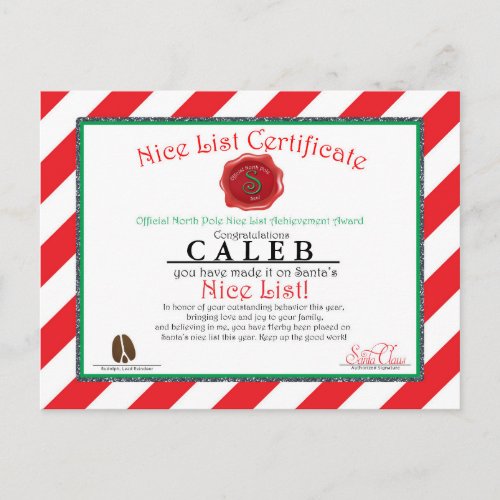 Santa Claus Nice List Custom Certificate Postcard