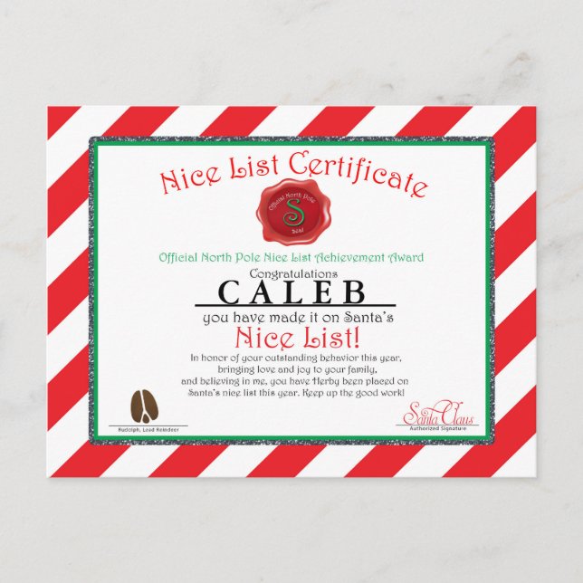 Santa Claus Nice List Custom Certificate Postcard (Front)