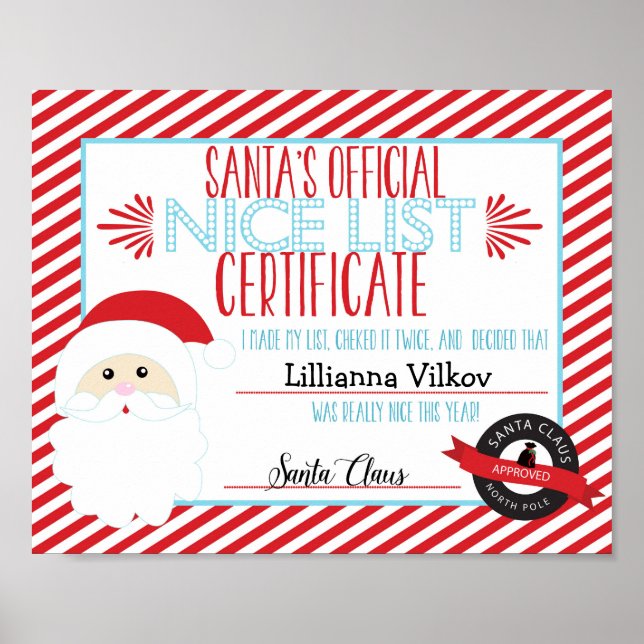 Santa Claus Nice List Personalized Certificate Poster (Front)