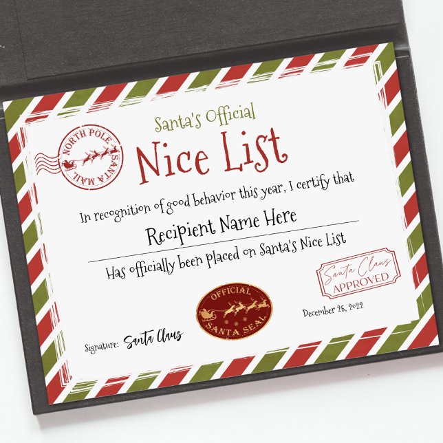 Santa Claus Nice List, Santa Nice List Certificate (Santa's Official Nice List Certificate)