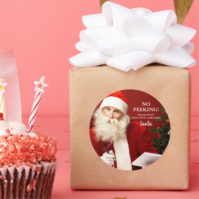 Santa Claus No Peeking Round Gift Stickers (Party)