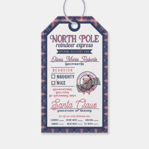 Santa Claus North Pole Pink & Blue Plaid Christmas Gift Tags