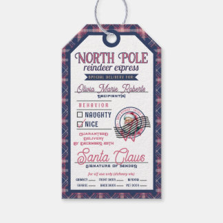 Santa Claus North Pole Pink & Blue Plaid Christmas Gift Tags
