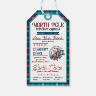 Santa Claus North Pole Pink & Blue Plaid Christmas Gift Tags