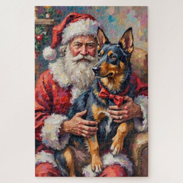Santa Claus Norwegian Lundehund Christmas Art Jigsaw Puzzle (Vertical)