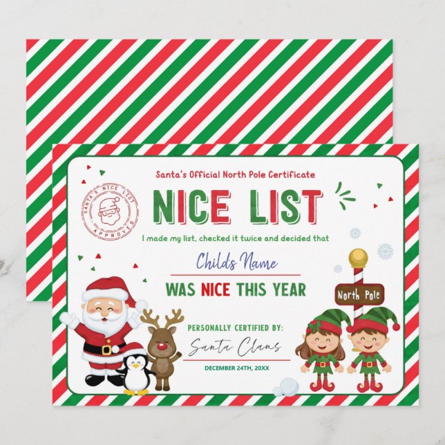 Santa Claus Official Nice List Certificate Holiday Card (Front/Back)