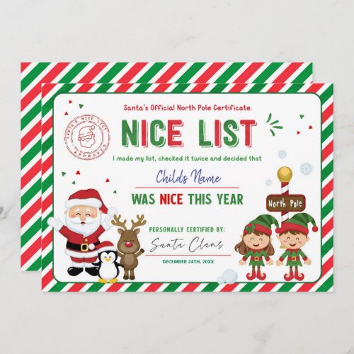 Santa Claus Official Nice List Certificate Holiday Card