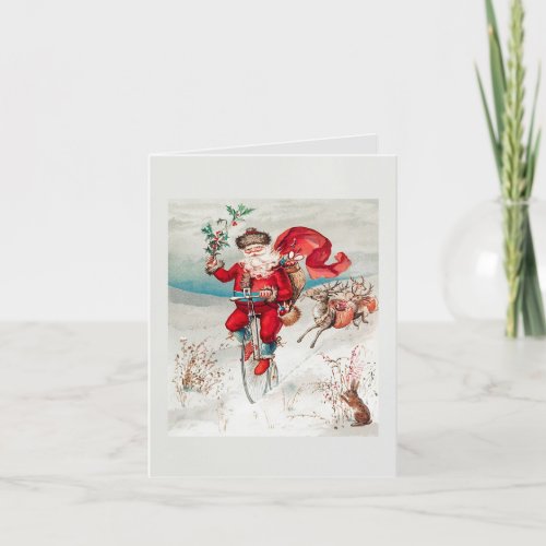 Santa Claus on a Bike Vintage Christmas Card
