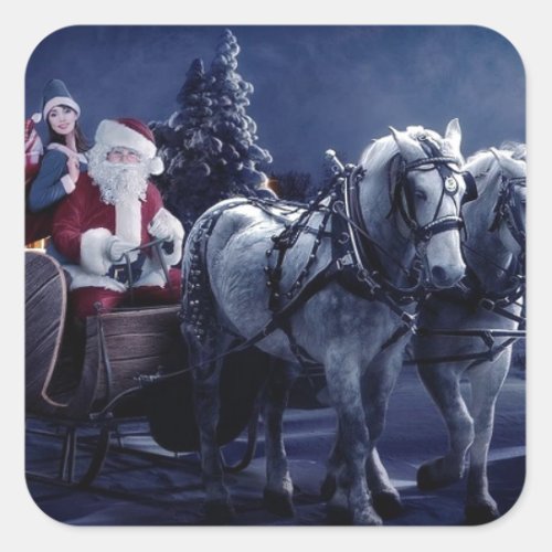 Santa Claus On A Horse Driven Sleigh Square Sticker