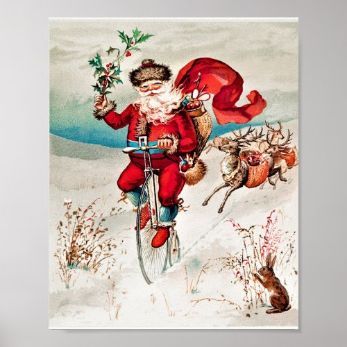 Santa Claus on a penny farthing vintage christmas Poster