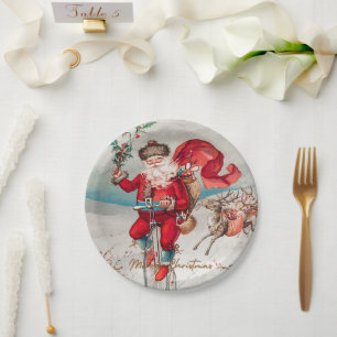 Santa Claus on a penny farthing with reindeer Paper Plates