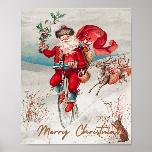 Santa Claus on a penny farthing with reindeer   Poster