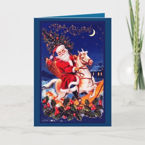 Santa Claus on a Rocking Horse Vintage Christmas Holiday Card