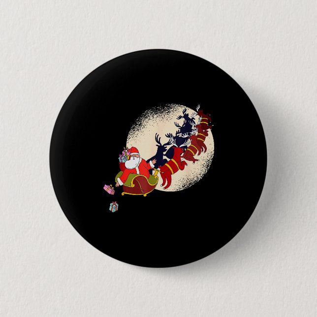 Santa Claus On Christmas Sleigh Pulled By Reindeer Button (Front)