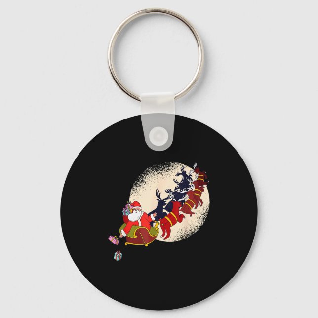 Santa Claus On Christmas Sleigh Pulled By Reindeer Keychain (Front)
