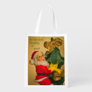 Santa Claus on Christmas Tree Cute, Vintage Golden Grocery Bag