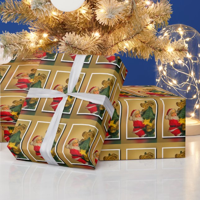 Santa Claus on Christmas Tree Side-by-Side Pattern Wrapping Paper (Holidays)
