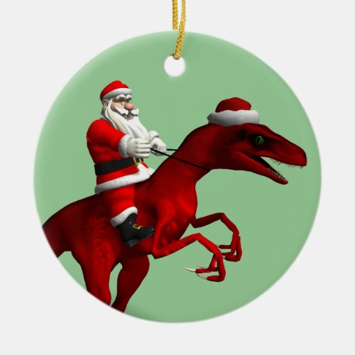 Santa Claus On Dinosaur Ceramic Ornament