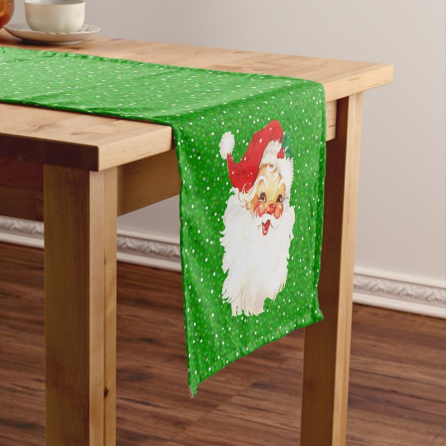 Santa Claus on Festive Glittering Green Confetti  Short Table Runner (In Situ)