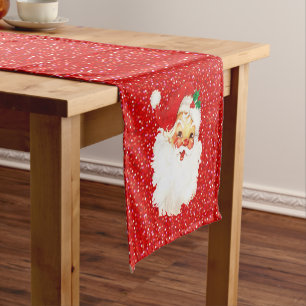 Santa Claus on Festive Glittering Red Confetti Short Table Runner