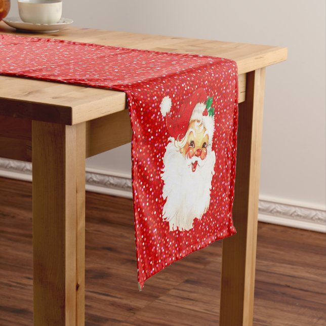 Santa Claus on Festive Glittering Red Confetti Short Table Runner (In Situ)