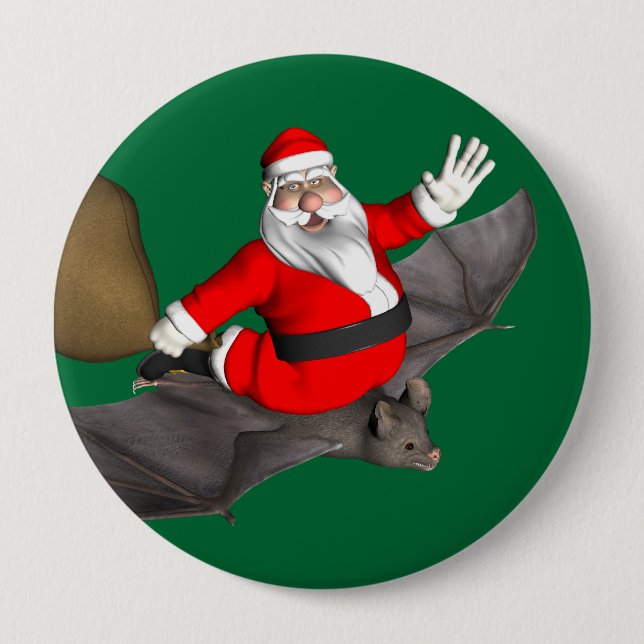 Santa Claus On Flying Bat Button (Front)