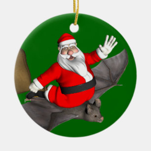 Santa Claus On Flying Bat Ceramic Ornament