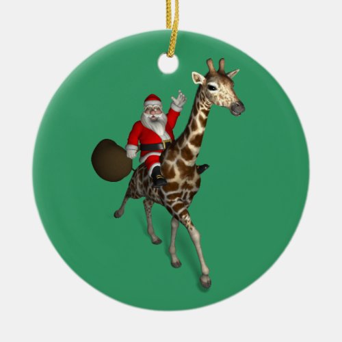 Santa Claus On Giraffe Ceramic Ornament