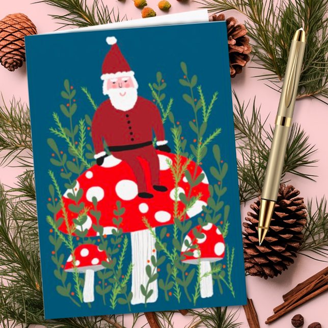 Santa Claus on Magical Mushroom CUSTOM XMAS Card (Cute fun Santa elf sitting on a mushroom, cheerful holiday Christmas card)