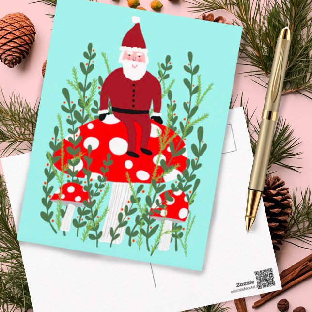 Santa Claus on Magical Mushroom Xmas Postcard (Cute Santa elf on a mushroom adorable fun Christmas holiday postcard)