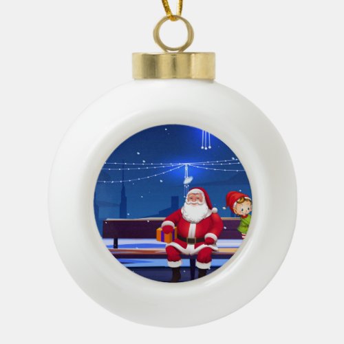 Santa Claus on Park bench Ceramic Ball Christmas Ornament