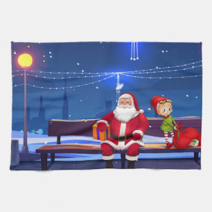 Santa Claus on Park bench Kitchen Towel