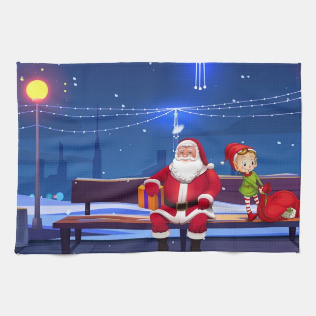 Santa Claus on Park bench Kitchen Towel (Horizontal)