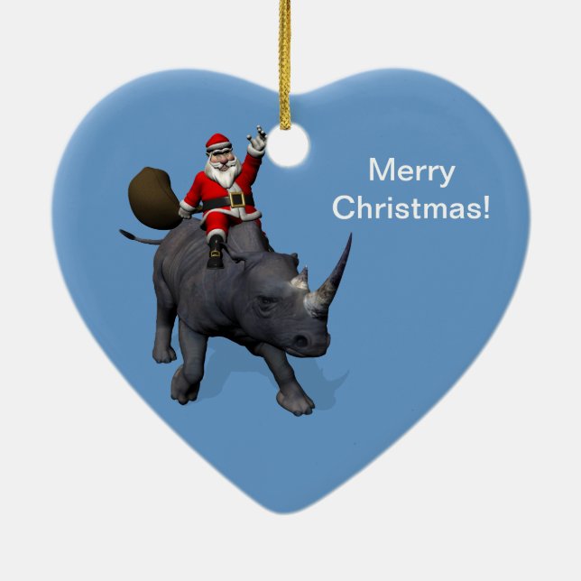 Santa Claus On Rhino Rhinoceros Ceramic Ornament (Back)