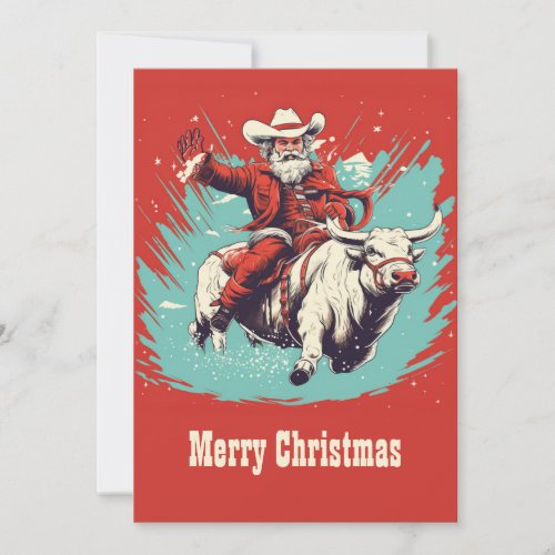 Santa Claus on Rodeo Bull riding Holiday Card