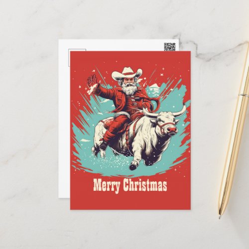 Santa Claus on Rodeo Bull riding Postcard