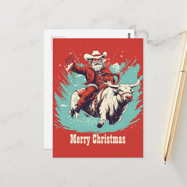 Santa Claus on Rodeo Bull riding Postcard (Front/Back In Situ)