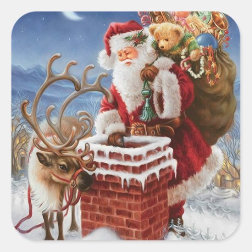 Santa Claus On Roof Square Sticker
