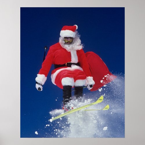 Santa Claus on skis jumping off a cornice at Poster